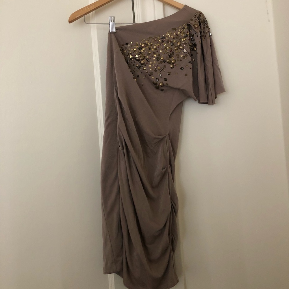 One shoulder dark cream dress